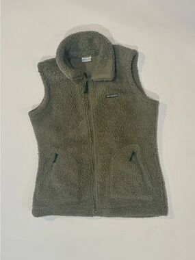 Columbia Women’s Sherpa Fleece Vest Olive Green Full Zip Size Large VERY Soft
